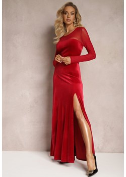 Czerwona Sukienka Maxi z Weluru z Siateczkowym Dekoltem i Rękawami Belved ze sklepu Renee odzież w kategorii Sukienki - zdjęcie 166208056