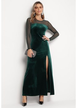 Ciemnozielona Welurowa Sukienka Maxi z Siateczką i Ozdobnym Rozcięciem Lavella ze sklepu Born2be Odzież w kategorii Sukienki - zdjęcie 166208767