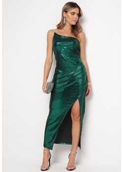 Ciemnozielona Asymetryczna Sukienka Maxi z Metalicznym Połyskiem i Marszczeniami Osima ze sklepu Born2be Odzież w kategorii Sukienki - zdjęcie 166208837