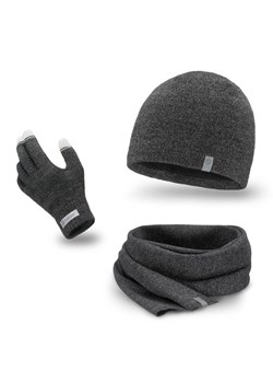 PaMaMi Komplet męski na zimę - Czapka, szalik, rękawiczki - Ciemnoszary ze sklepu JK-Collection w kategorii Czapki zimowe męskie - zdjęcie 166224179