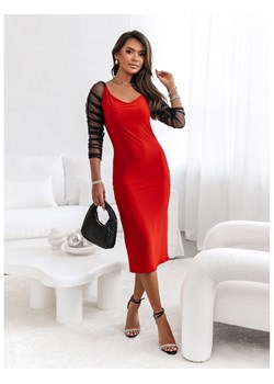 Sukienka midi z tiulowymi rękawami NARIN - czerwona ze sklepu magmac.pl w kategorii Sukienki - zdjęcie 166225226