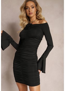 Czarna Sukienka Hiszpanka Mini z Marszczeniem i Aplikacją Kwiatu Rersa ze sklepu Renee odzież w kategorii Sukienki - zdjęcie 166238428