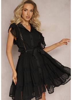 Czarna Koronkowa Sukienka Koszulowa z Falbankami i Wiązanym Paskiem Lucerna ze sklepu Renee odzież w kategorii Sukienki - zdjęcie 166243626