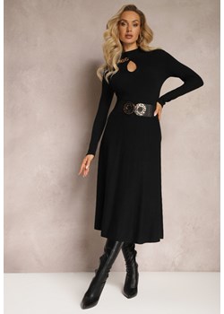 Czarna Rozkloszowana Spódnica Midi ze Sweterkowego Tłoczonego Materiału i Gumką w Pasie Tuilera ze sklepu Renee odzież w kategorii Spódnice - zdjęcie 166259379