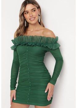 Ciemnozielona Dopasowana Sukienka Hiszpanka z Falbanką Turlia ze sklepu Born2be Odzież w kategorii Sukienki - zdjęcie 166280996