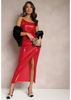 Czerwona Metaliczna Sukienka Maxi o Asymetrycznym Kroju z Drapowaniem i Cyrkoniami Areze ze sklepu Renee odzież w kategorii Sukienki - zdjęcie 166286366
