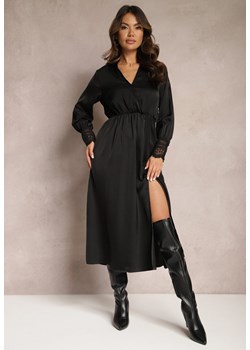 Czarna Sukienka Midi z Gumką w Pasie i Kopertowym Dekoltem Bellarane ze sklepu Renee odzież w kategorii Sukienki - zdjęcie 166289185