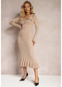Beżowa Sweterkowa Sukienka Mini z Wywiniętym Kołnierzem i Falbankami Totfara ze sklepu Renee odzież w kategorii Sukienki - zdjęcie 166289255