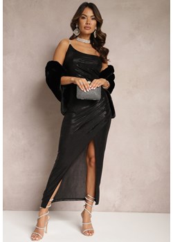 Czarna Metaliczna Sukienka Maxi o Asymetrycznym Kroju z Drapowaniem i Cyrkoniami Areze ze sklepu Renee odzież w kategorii Sukienki - zdjęcie 166289265