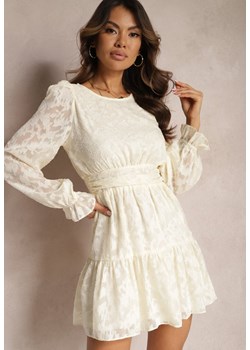 Jasnobeżowa Rozkloszowana Sukienka Mini z Tkaniny Plumeti Marsane ze sklepu Renee odzież w kategorii Sukienki - zdjęcie 166289325