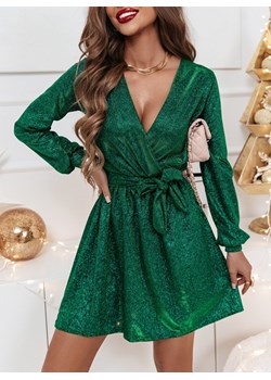 Błyszcząca sukienka z przekładanym dekoltem Notiaa - butelkowa zieleń - butelkowa zieleń ze sklepu pakuten.pl w kategorii Sukienki - zdjęcie 166316795