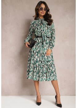 Ciemnozielona Sukienka Midi z Gumką w Pasie i Wiązaniem Zercella ze sklepu Renee odzież w kategorii Sukienki - zdjęcie 166321257