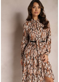 Brązowa Sukienka Midi z Gumką w Pasie i Wiązaniem Zercella ze sklepu Renee odzież w kategorii Sukienki - zdjęcie 166321265