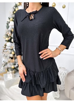 Czarna Połyskująca Sukienka z Falbanką ze sklepu ModnaKiecka.pl w kategorii Sukienki - zdjęcie 166417239