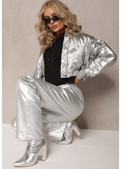 Srebrne Szerokie Spodnie Metaliczne High Waist z Ekoskóry Tranise ze sklepu Renee odzież w kategorii Spodnie damskie - zdjęcie 166454726