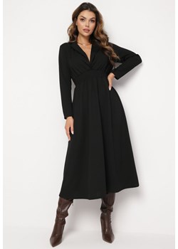 Czarna Rozkloszowana Sukienka Midi z Kopertową Górą i Gumką w Pasie Ametis ze sklepu Born2be Odzież w kategorii Sukienki - zdjęcie 166455237