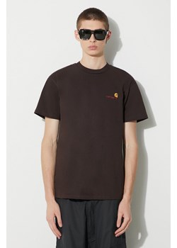 Carhartt WIP t-shirt bawełniany S/S American Script T-Shirt męski kolor brązowy z aplikacją I029956.47XX ze sklepu PRM w kategorii T-shirty męskie - zdjęcie 166480559