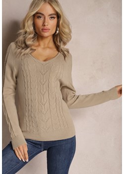 Ciemnobeżowy Sweter ze Splotem w Warkocze i Dekoltem V Khara ze sklepu Renee odzież w kategorii Swetry damskie - zdjęcie 166482616
