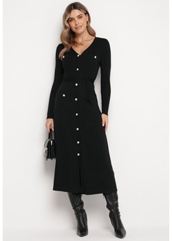 Czarna Dzianinowa Sukienka Maxi z Wiązanym Paskiem Topania ze sklepu Born2be Odzież w kategorii Sukienki - zdjęcie 166498746