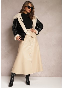 Beżowa Rozkloszowana Spódnica Midi z Imitacji Skóry z Kieszeniami z Klapą i Guzikami Maronna ze sklepu Renee odzież w kategorii Spódnice - zdjęcie 166498836