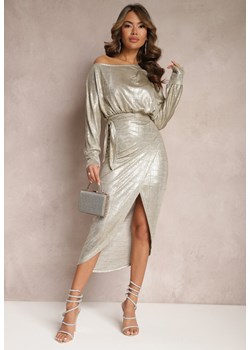 Złota Metaliczna Sukienka Asymetryczna z Wiązaniem Bellita ze sklepu Renee odzież w kategorii Sukienki - zdjęcie 166498866