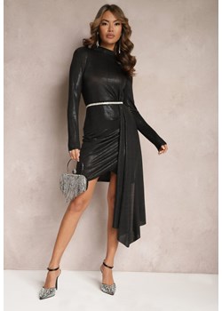 Czarna Asymetryczna Sukienka Mini z Metalicznego Materiału z Drapowaniem Cyanara ze sklepu Renee odzież w kategorii Sukienki - zdjęcie 166498896
