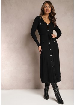 Czarna Sweterkowa Sukienka Maxi na Guziki z Wiązanym Paskiem Onykis ze sklepu Renee odzież w kategorii Sukienki - zdjęcie 166498926