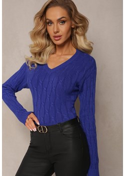Niebieski Sweter z Dekoltem w Serek i Warkoczykowym Splotem Silmirra ze sklepu Renee odzież w kategorii Swetry damskie - zdjęcie 166625786