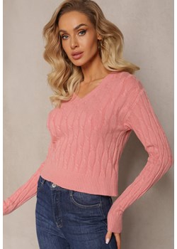 Różowy Sweter z Dekoltem w Serek i Warkoczykowym Splotem Silmirra ze sklepu Renee odzież w kategorii Swetry damskie - zdjęcie 166625806