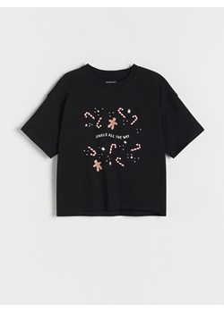 Reserved - Świąteczny t-shirt z nadrukiem - czarny ze sklepu Reserved w kategorii Bluzki dziewczęce - zdjęcie 166684547