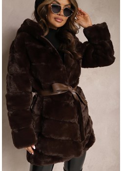 Brązowy Futerkowy Płaszcz ze Wstążką i Kapturem Ozdobiony Pikowaniem Brezia ze sklepu Renee odzież w kategorii Futra damskie - zdjęcie 166769108