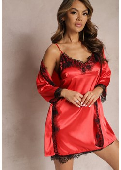 Czerwona Koszula Nocna i Szlaftok z Satyny z Ozdobną Koronką Therine ze sklepu Renee odzież w kategorii Koszule nocne - zdjęcie 166769247