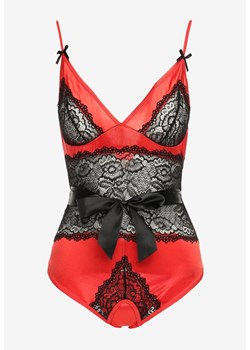 Czerwono-Czarne Body Zdobione Koronką ze Stringami i Satynową Wstążką Luneie ze sklepu Born2be Odzież w kategorii Body damskie - zdjęcie 166932987