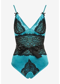 Niebiesko-Czarne Body Zdobione Koronką ze Stringami i Satynową Wstążką Luneie ze sklepu Born2be Odzież w kategorii Body damskie - zdjęcie 166932989