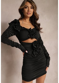 Czarna Dopasowana Sukienka Mini z Wycięciami i Ozdobnymi Kwiatami Karmine ze sklepu Renee odzież w kategorii Sukienki - zdjęcie 166982858