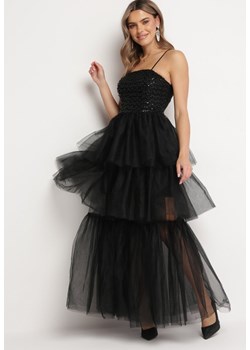 Czarna Sukienka Maxi z Tiulowymi Falbanami i Ozdobnymi Cekinami Joliette ze sklepu Born2be Odzież w kategorii Sukienki - zdjęcie 166982967