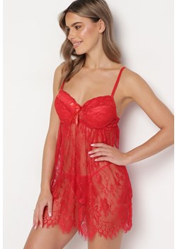 Czerwona Koszula Nocna z Kwiatową Koronką i Stringami Ocina ze sklepu Born2be Odzież w kategorii Koszule nocne - zdjęcie 166985097