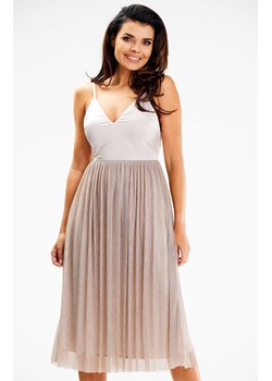 Rozkloszowana elegancka sukienka midi beżowa A624, Kolor beżowy, Rozmiar L, Awama ze sklepu Primodo w kategorii Sukienki - zdjęcie 167378897