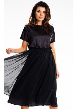 Sukienka elegancka czarna midi z krótkim rękawem A627, Kolor czarny, Rozmiar L, Awama ze sklepu Primodo w kategorii Sukienki - zdjęcie 167378938