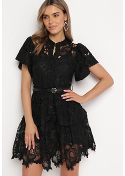 Czarna Koronkowa Sukienka Koszulowa Mini z Paskiem Nilira ze sklepu Born2be Odzież w kategorii Sukienki - zdjęcie 167421616