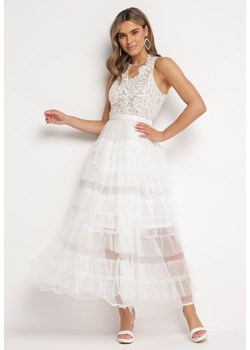 Biała Sukienka Maxi z Koronką i Siateczkowymi Falbanami Danela ze sklepu Born2be Odzież w kategorii Sukienki - zdjęcie 167421686