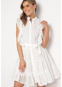 Biała Koszulowa Sukienka Mini z Falbankami i Wiązanym Paskiem Divertire ze sklepu Born2be Odzież w kategorii Sukienki - zdjęcie 167421749
