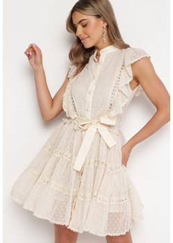 Jasnobeżowa Koszulowa Sukienka Mini z Falbankami i Wiązanym Paskiem Divertire ze sklepu Born2be Odzież w kategorii Sukienki - zdjęcie 167421756