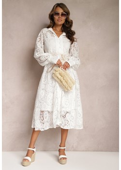 Biała Koronkowa Sukienka Midi z Ozdobnym Wiązaniem Camaela ze sklepu Renee odzież w kategorii Sukienki - zdjęcie 167447179