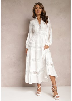 Biała Sukienka Maxi z Ażurowymi Wstawkami i Trójkątnym Dekoltem Fanuelis ze sklepu Renee odzież w kategorii Sukienki - zdjęcie 167447206