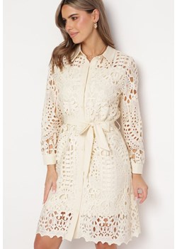 Beżowa Ażurowa Sukienka Koszulowa Mini z Wiązanym Paskiem Jolira ze sklepu Born2be Odzież w kategorii Sukienki - zdjęcie 167448718