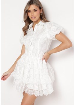 Biała Koronkowa Sukienka Mini w Kwiaty z Bufiastymi Rękawami Cervi ze sklepu Born2be Odzież w kategorii Sukienki - zdjęcie 167448767
