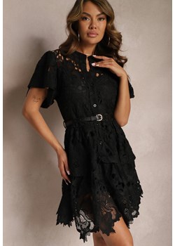 Czarna Koszulowa Sukienka Midi z Ażurową Koronką i Paskiem Silira ze sklepu Renee odzież w kategorii Sukienki - zdjęcie 167521918