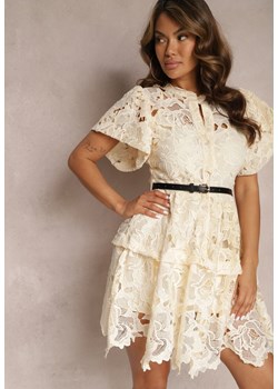 Jasnobeżowa Koszulowa Sukienka Midi z Ażurową Koronką i Paskiem Silira ze sklepu Renee odzież w kategorii Sukienki - zdjęcie 167521928