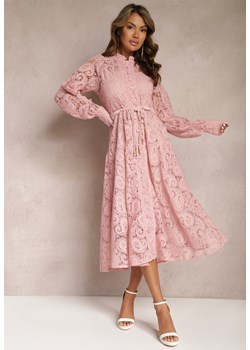Różowa Koronkowa Sukienka Midi z Ozdobnym Wiązaniem Camaela ze sklepu Renee odzież w kategorii Sukienki - zdjęcie 167521978